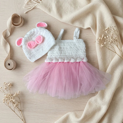 Completo Neonata 2 Pezzi con Vestitino in Tulle e Cappellino in Maglia