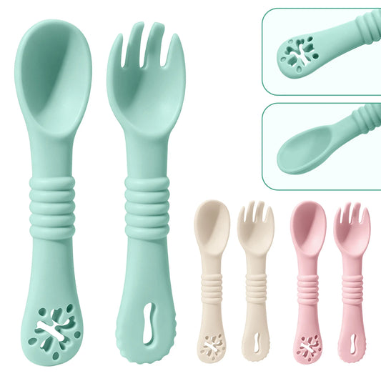 Set Posate Svezzamento in Silicone con Massaggiagengive – Cucchiaino e Forchettina Ergonomici per Bambini