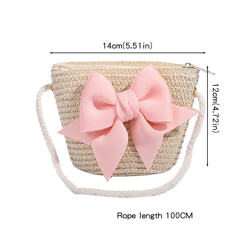 Borsetta Bambina a Tracolla in Paglia con Maxi Fiocco – Mini Borsa con Zip 14 × 12 cm