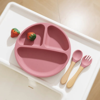 Set Pappa Svezzamento in Silicone con Piatto a 3 Scomparti e Posate con Manico in Legno