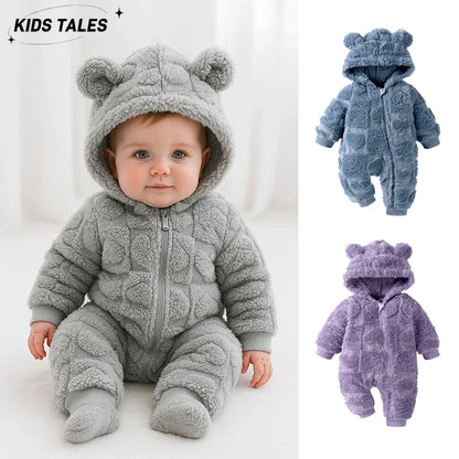 Tutina Invernale Neonato in Pile Effetto Peluche – Tuta con Cappuccio e Zip a Doppio Cursore
