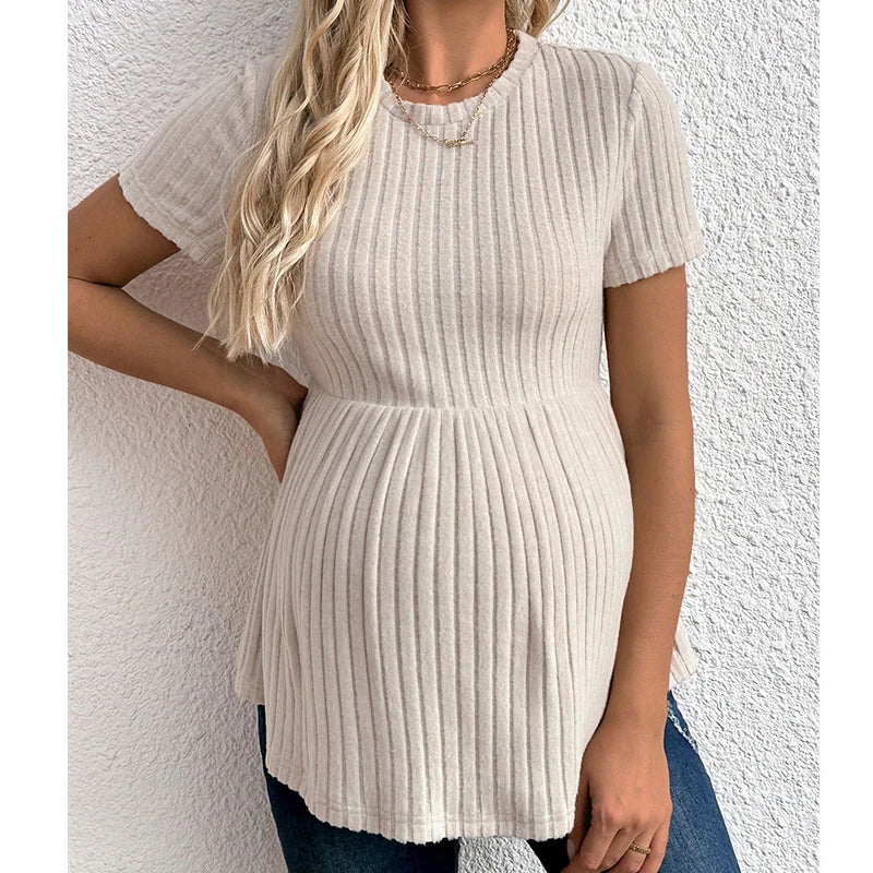 T-Shirt Premaman Elasticizzata a Maniche Corte – Maglietta Gravidanza Casual in Maglia, Girocollo, Comfort Quotidiano