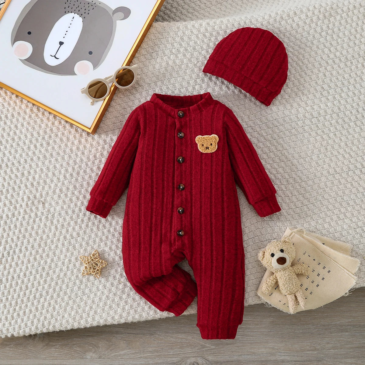 Tutina in Maglia per Neonati Autunno/Inverno con Cappellino Coordinato e Bottoni Frontali