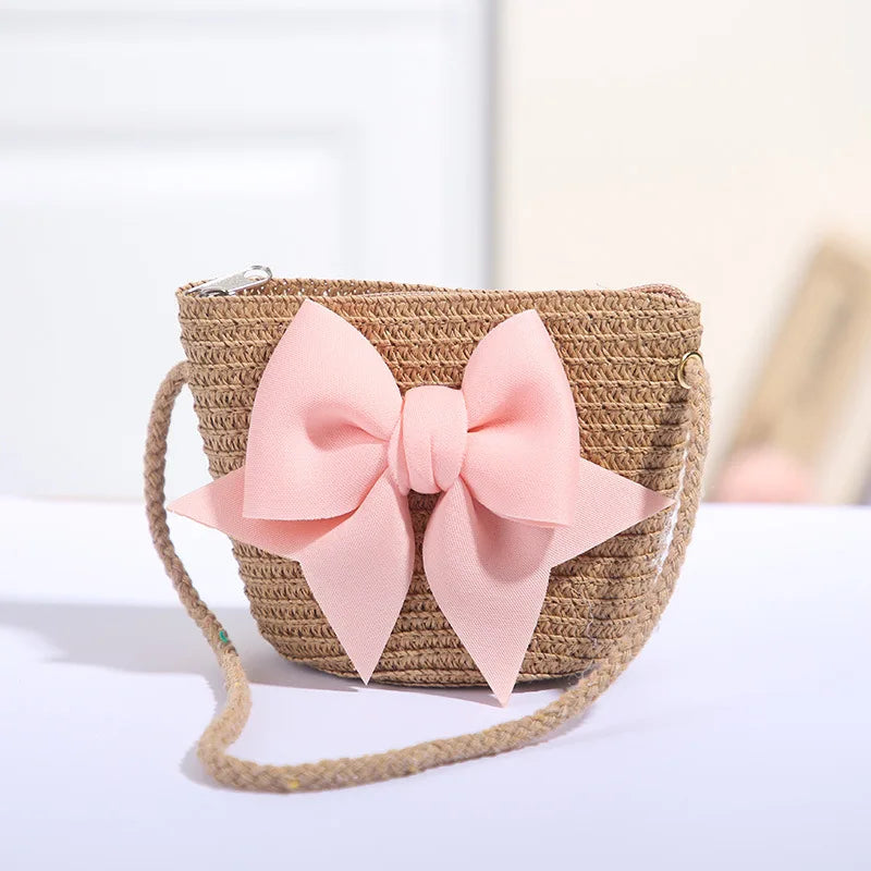 Borsetta Bambina a Tracolla in Paglia con Maxi Fiocco – Mini Borsa con Zip 14 × 12 cm