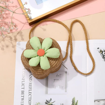 Borsetta Bambina a Tracolla in Paglia Intrecciata con Fiore – Mini Borsa con Chiusura Zip
