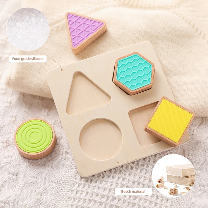 Puzzle Sensoriale Tattile in Legno con Forme e Texture – Gioco Educativo per Bambini