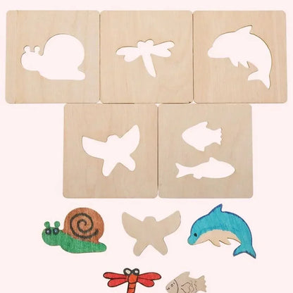 Stencil e Sagome in Legno da Colorare – Set Gioco di 20 Tessere per Disegnare e Ricalcare, Bambini 3+ Anni