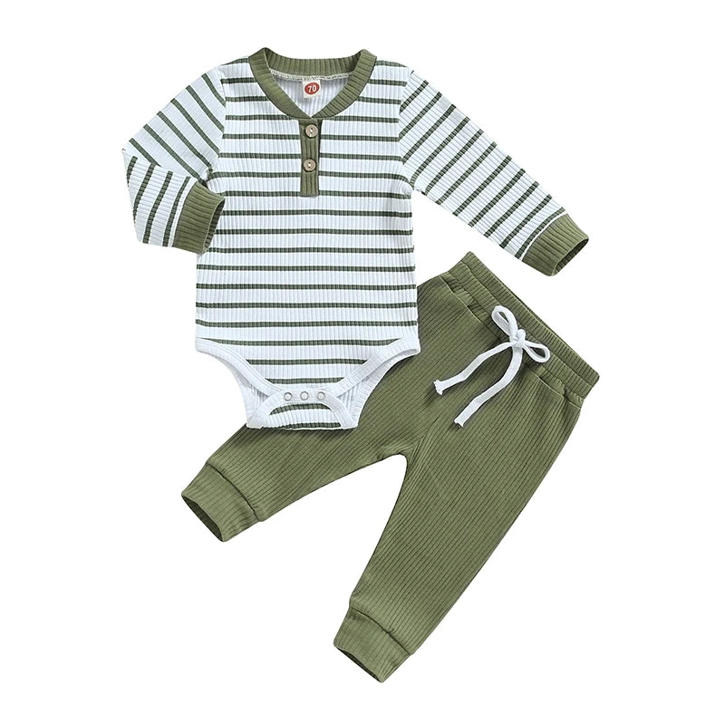 Completo Neonato e Bambino 2 Pezzi – Body a Righe e Pantaloni Lunghi Autunno Inverno