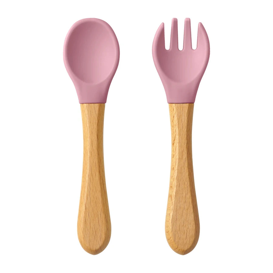 Set Posate da Apprendimento per Bambini – Cucchiaio e Forchetta in Silicone con Manico in Legno
