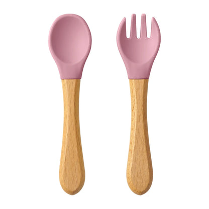 Set Posate da Apprendimento per Bambini – Cucchiaio e Forchetta in Silicone con Manico in Legno