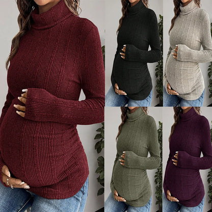 Maglia Premaman a Collo Alto – Dolcevita a Coste e Maniche Lunghe per la Gravidanza