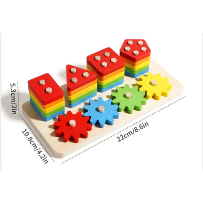 Gioco a Incastro in Legno con Forme Impilabili e Ingranaggi – Tavola Educativa per Bambini 3+ Anni
