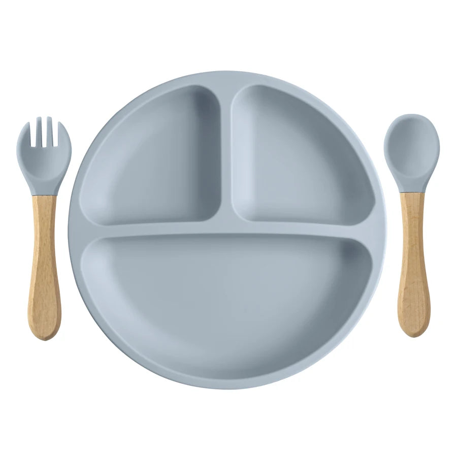 Set Pappa Svezzamento in Silicone con Piatto a 3 Scomparti e Posate con Manico in Legno