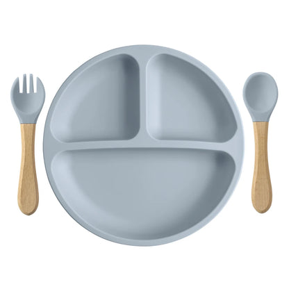 Set Pappa Svezzamento in Silicone con Piatto a 3 Scomparti e Posate con Manico in Legno