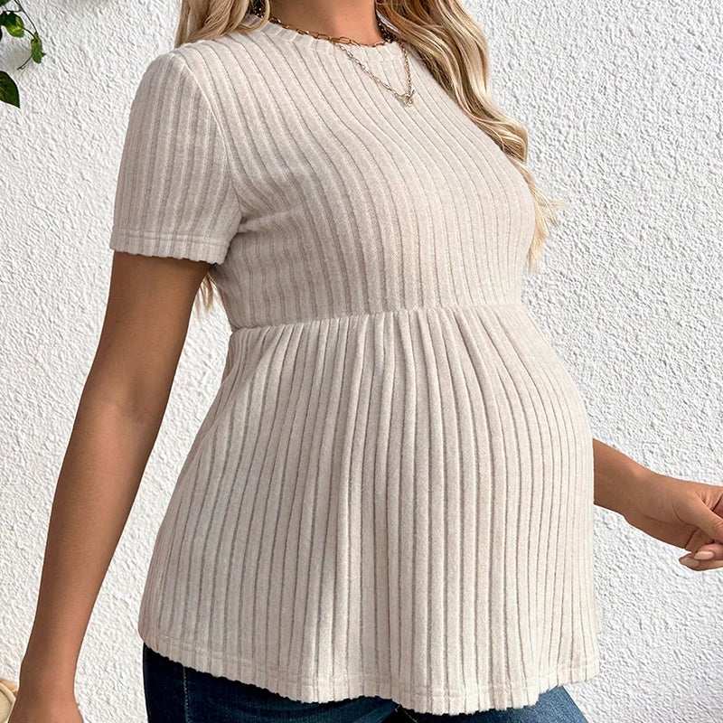 T-Shirt Premaman Elasticizzata a Maniche Corte – Maglietta Gravidanza Casual in Maglia, Girocollo, Comfort Quotidiano
