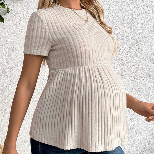T-Shirt Premaman Elasticizzata a Maniche Corte – Maglietta Gravidanza Casual in Maglia, Girocollo, Comfort Quotidiano