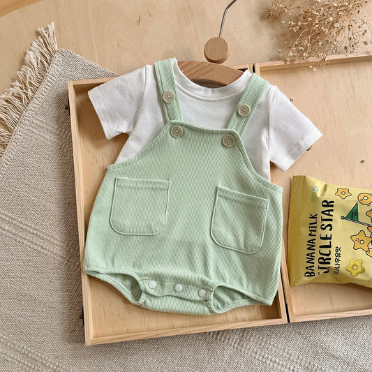 Completo Neonato 2 Pezzi con Body a Salopette e Maglietta in Cotone – 0-18 Mesi