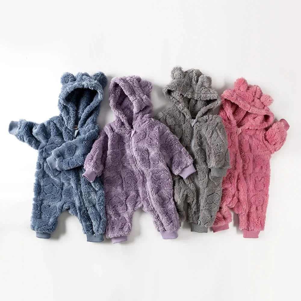 Tutina Invernale Neonato in Pile Effetto Peluche – Tuta con Cappuccio e Zip a Doppio Cursore