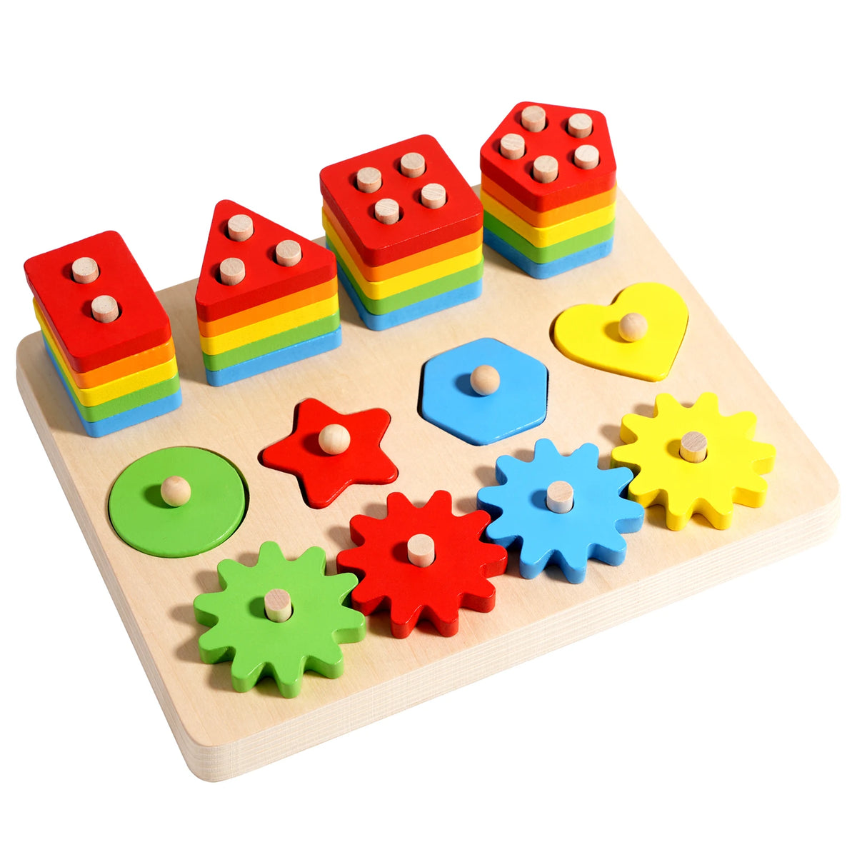Gioco a Incastro in Legno con Forme Impilabili e Ingranaggi – Tavola Educativa per Bambini 3+ Anni