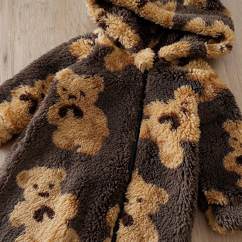 Tutina Invernale in Morbido Peluche con Cappuccio a Orsetto per Neonati (0-18 Mesi)