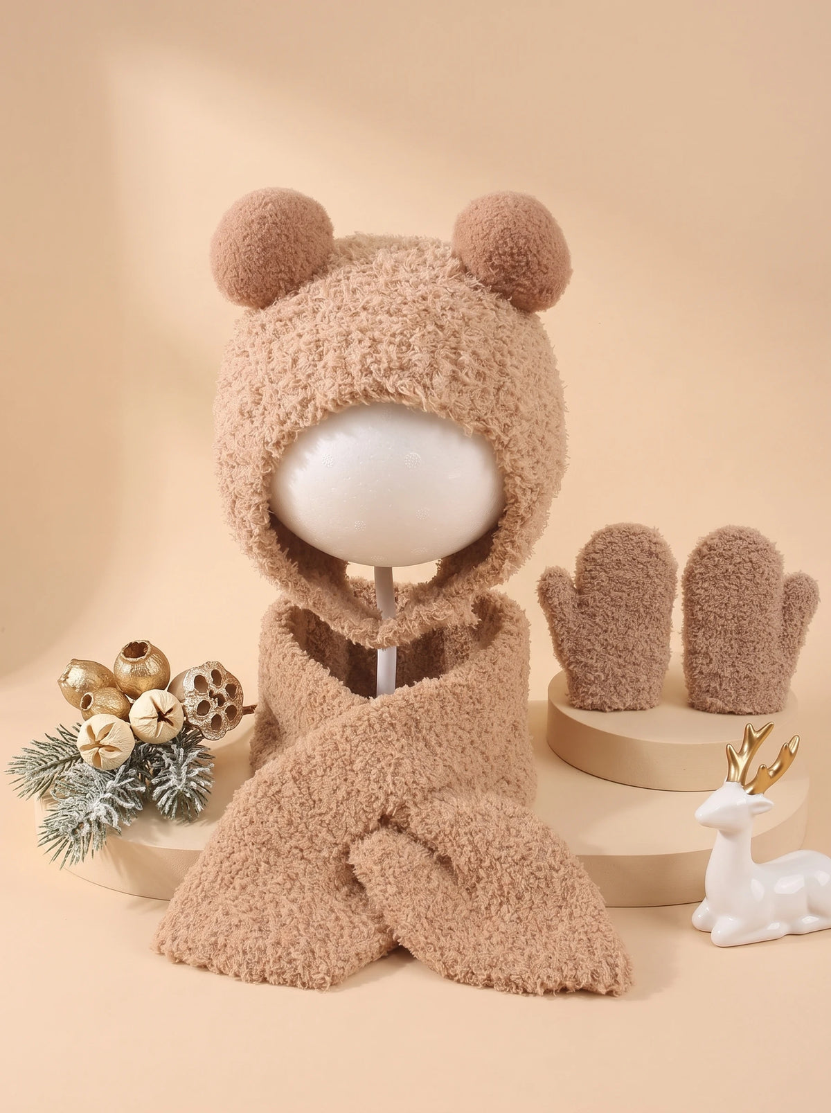 Set Invernale Neonato Effetto Teddy – Cappello Copriorecchie, Sciarpa e Guanti a Muffola