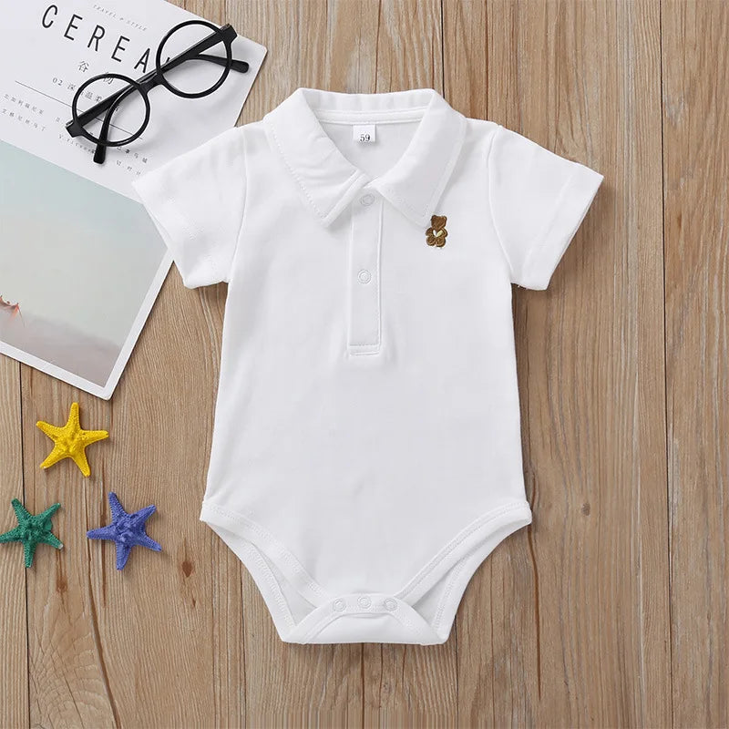 Body Polo Neonato in Cotone Elasticizzato con Colletto e Orsetto Ricamato
