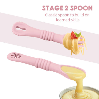 Set Posate Svezzamento in Silicone con Massaggiagengive – Cucchiaino e Forchettina Ergonomici per Bambini