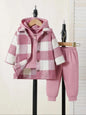 Completo Autunnale Bambina 3 Pezzi – Giacca a Quadri, Felpa con Cappuccio e Pantaloni Rosa