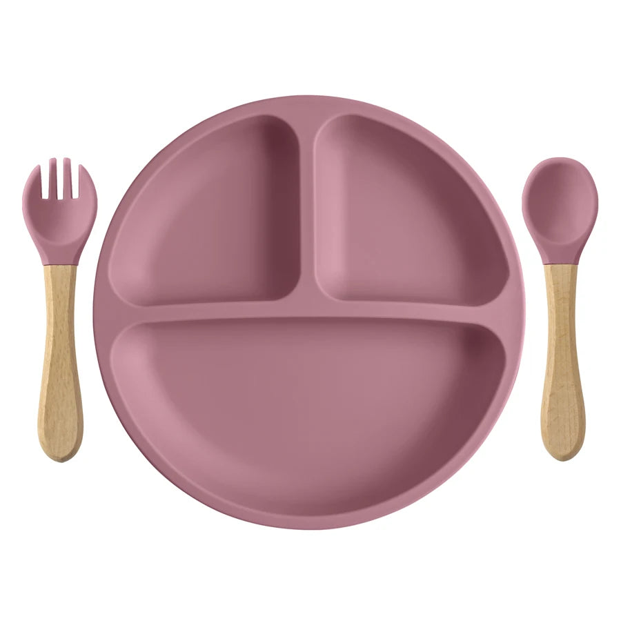 Set Pappa Svezzamento in Silicone con Piatto a 3 Scomparti e Posate con Manico in Legno