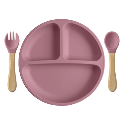 Set Pappa Svezzamento in Silicone con Piatto a 3 Scomparti e Posate con Manico in Legno