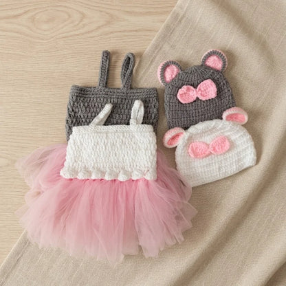 Completo Neonata 2 Pezzi con Vestitino in Tulle e Cappellino in Maglia