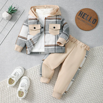 Completo Bambino 2 Pezzi Autunno Inverno – Giacca a Quadri con Cappuccio e Pantaloni Jogger