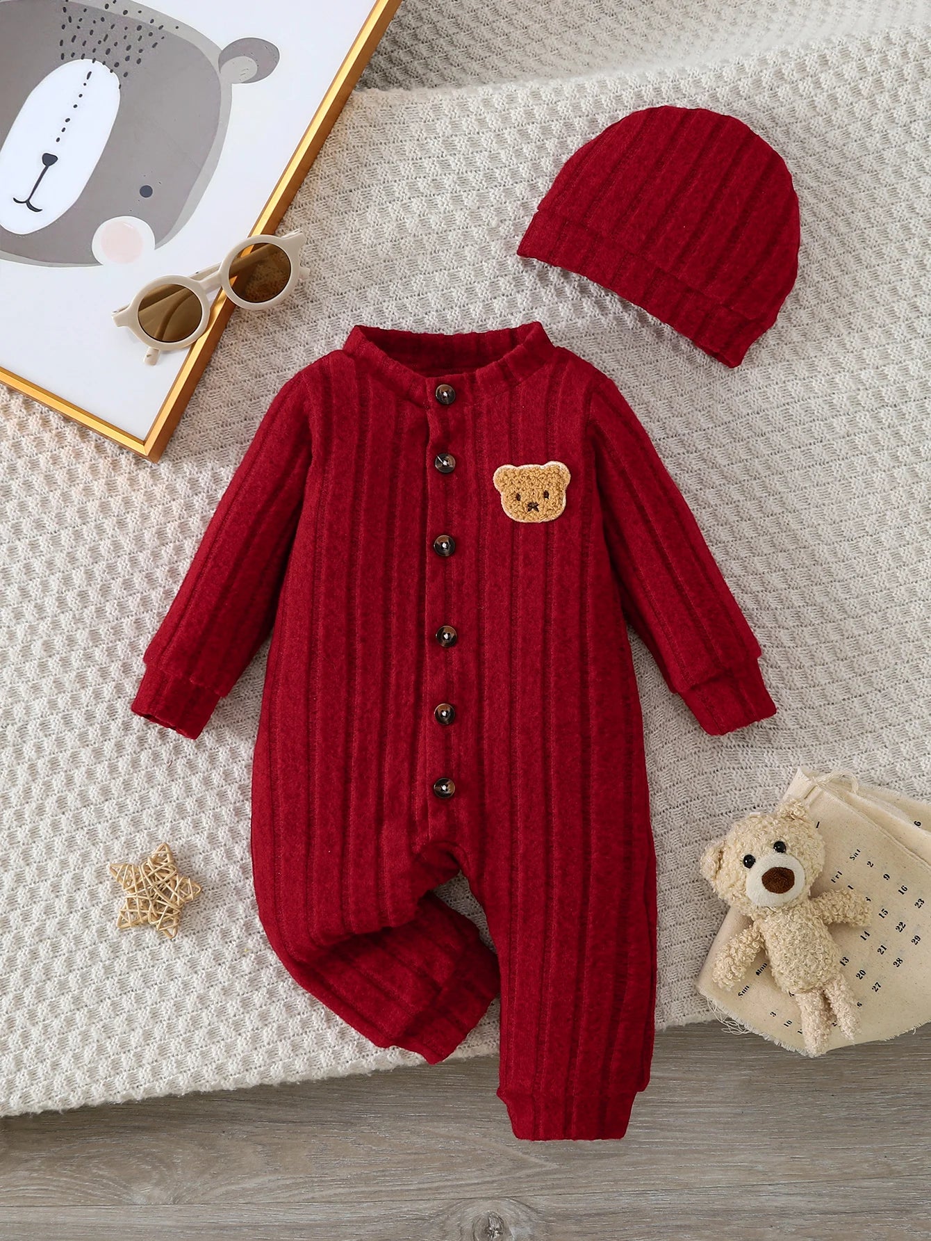 Tutina in Maglia per Neonati Autunno/Inverno con Cappellino Coordinato e Bottoni Frontali