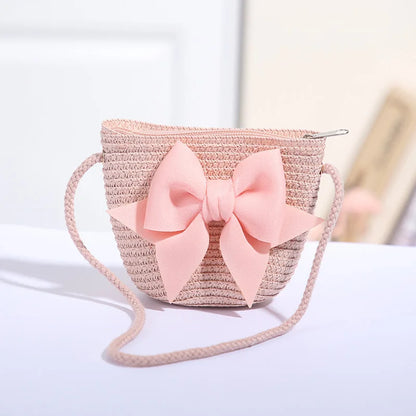 Borsetta Bambina a Tracolla in Paglia con Maxi Fiocco – Mini Borsa con Zip 14 × 12 cm