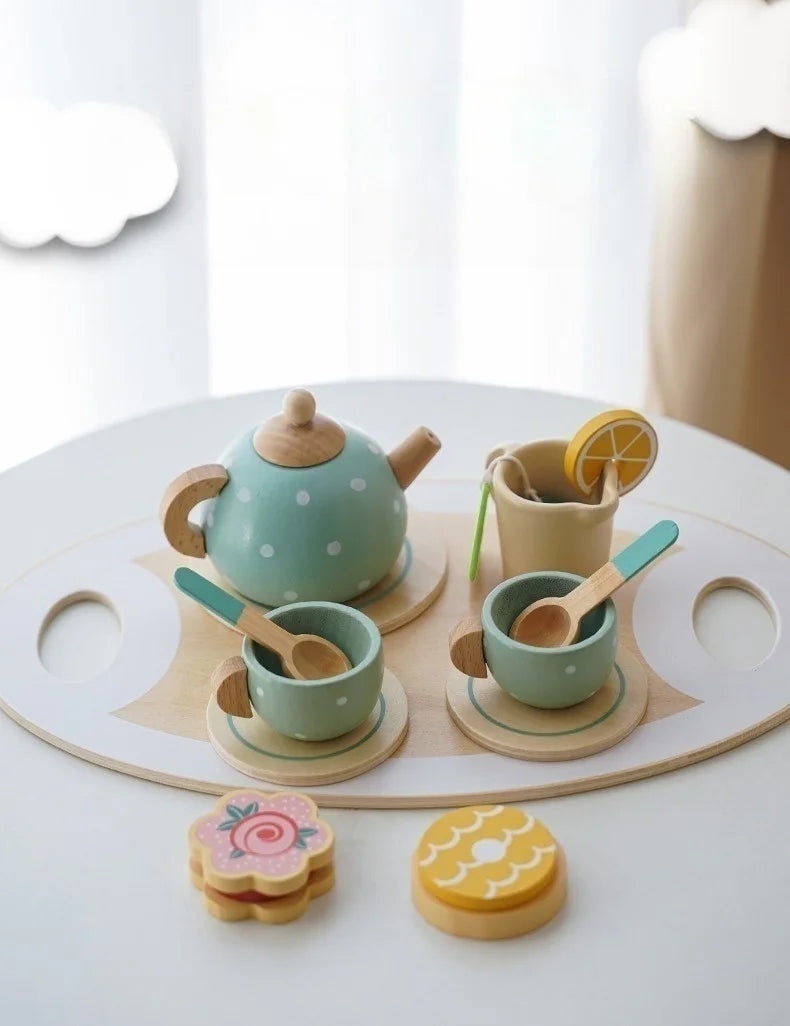 Set da Tè in Legno per Bambini – Servizio da Tè Giocattolo con Dolcetti, Gioco di Ruolo Educativo 3+ Anni