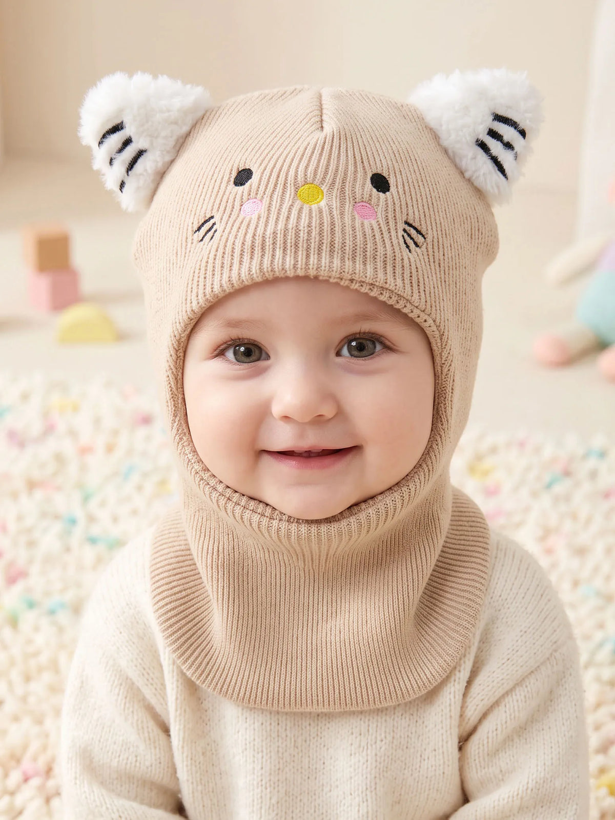 Passamontagna Invernale Bambino e Bambina in Maglia – Cappello con Scaldacollo Integrato e Orecchie da Gatto