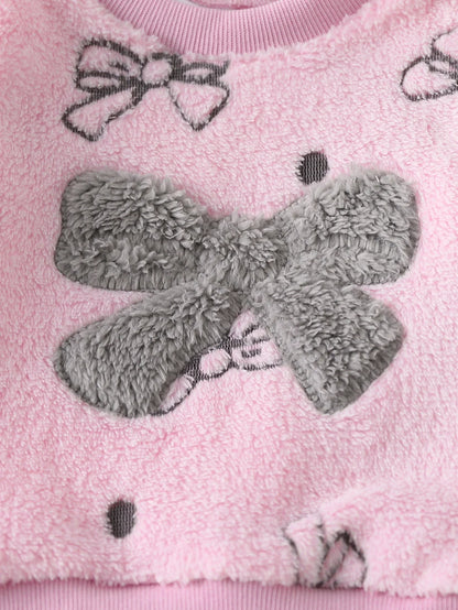 Tuta Invernale Bambina 2 Pezzi – Completo Rosa in Pile con Motivo a Fiocchi