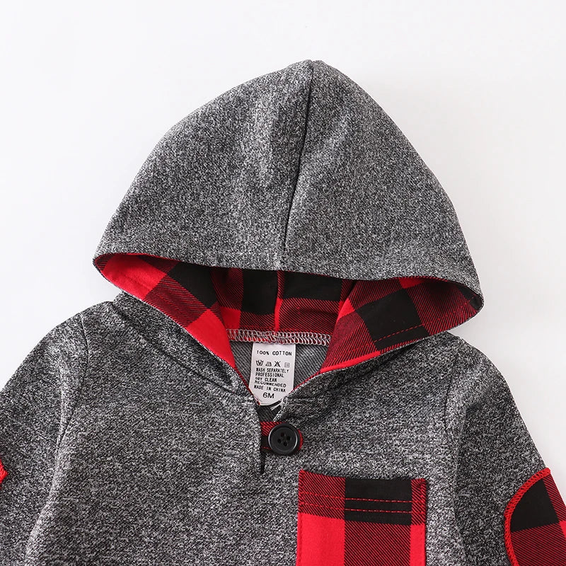 Felpa Leggera con Cappuccio Bambino 100% Cotone – Maglia a Maniche Lunghe con Dettagli a Quadri