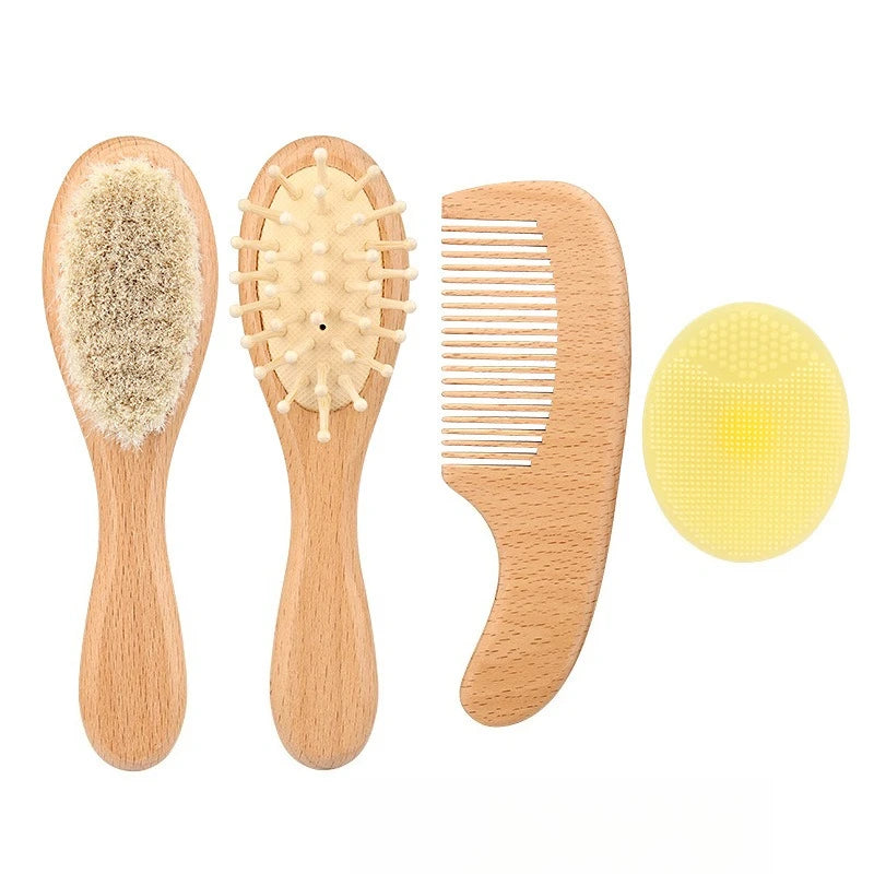 Set Spazzola e Pettine per Neonati in Legno Naturale con Setole Morbide – Kit Cura Capelli 4 Pezzi