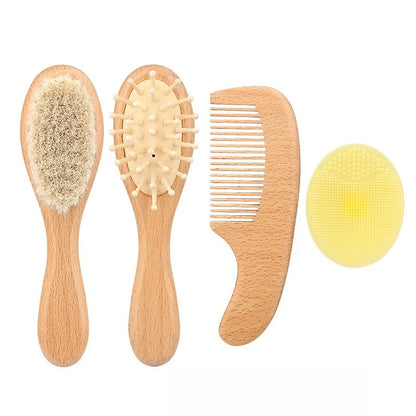 Set Spazzola e Pettine per Neonati in Legno Naturale con Setole Morbide – Kit Cura Capelli 4 Pezzi