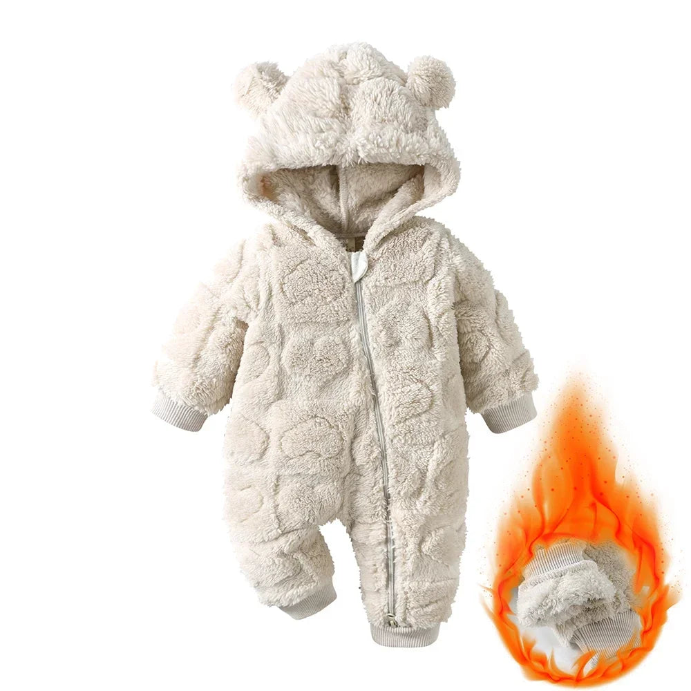 Tutina Invernale Neonato in Pile Effetto Peluche – Tuta con Cappuccio e Zip a Doppio Cursore