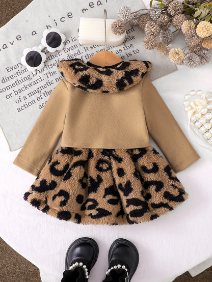 Completo 2 Pezzi Bambina con Vestito a Manica Lunga in Peluche Leopardato e Cappottino