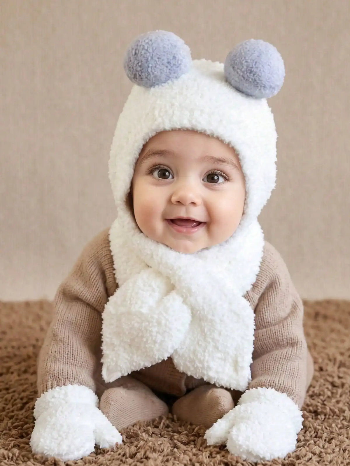 Set Invernale Neonato Effetto Teddy – Cappello Copriorecchie, Sciarpa e Guanti a Muffola