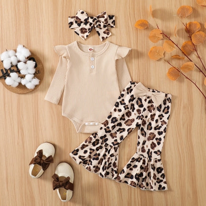 Completo Neonata 0-12 Mesi – Body a Costine Manica Lunga e Pantaloni a Zampa Leopardati