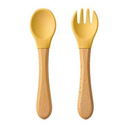 Set Posate da Apprendimento per Bambini – Cucchiaio e Forchetta in Silicone con Manico in Legno