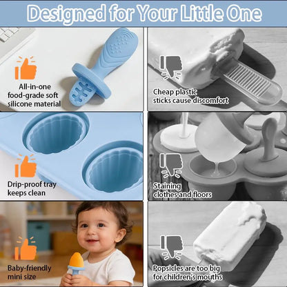 Stampi per Mini Ghiaccioli Bambini in Silicone – Set Riutilizzabile con Manici per Frutta, Yogurt e Latte Materno