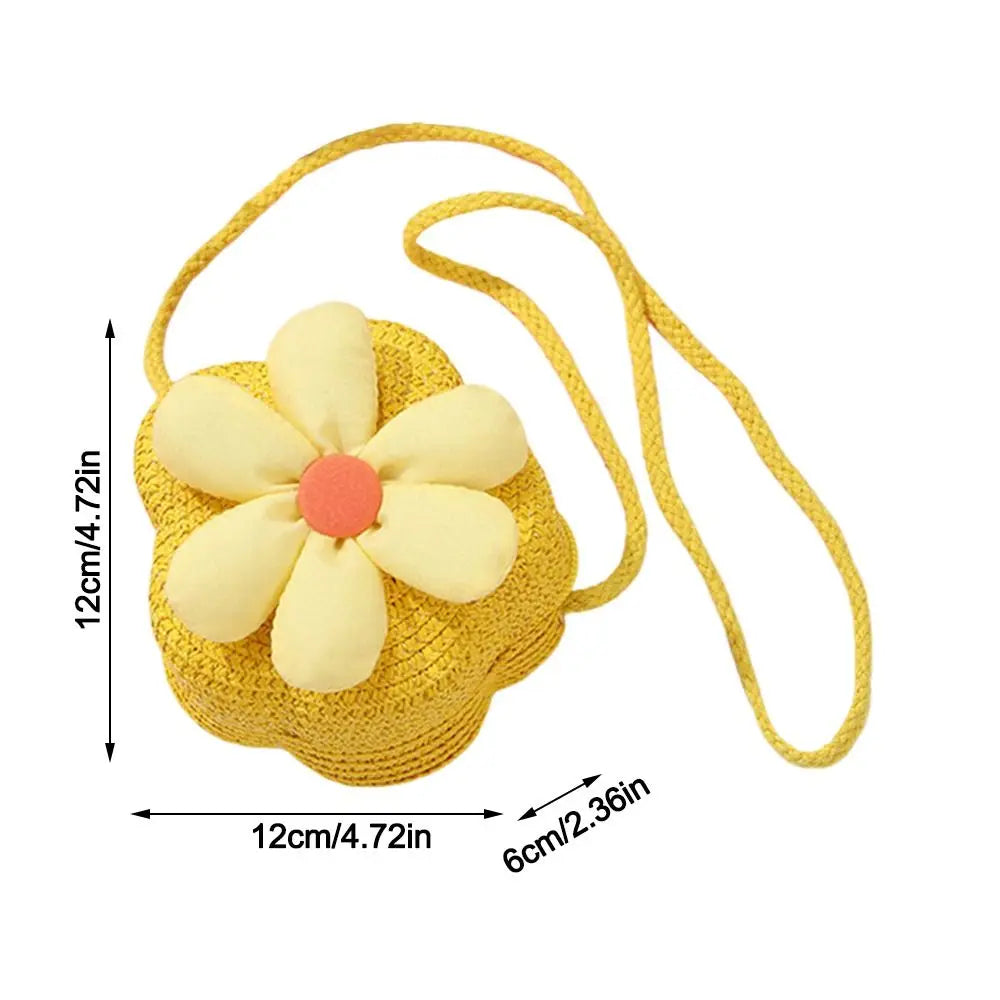 Borsetta Bambina a Tracolla in Paglia Intrecciata con Fiore – Mini Borsa con Chiusura Zip