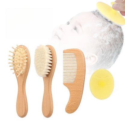 Set Spazzola e Pettine per Neonati in Legno Naturale con Setole Morbide – Kit Cura Capelli 4 Pezzi