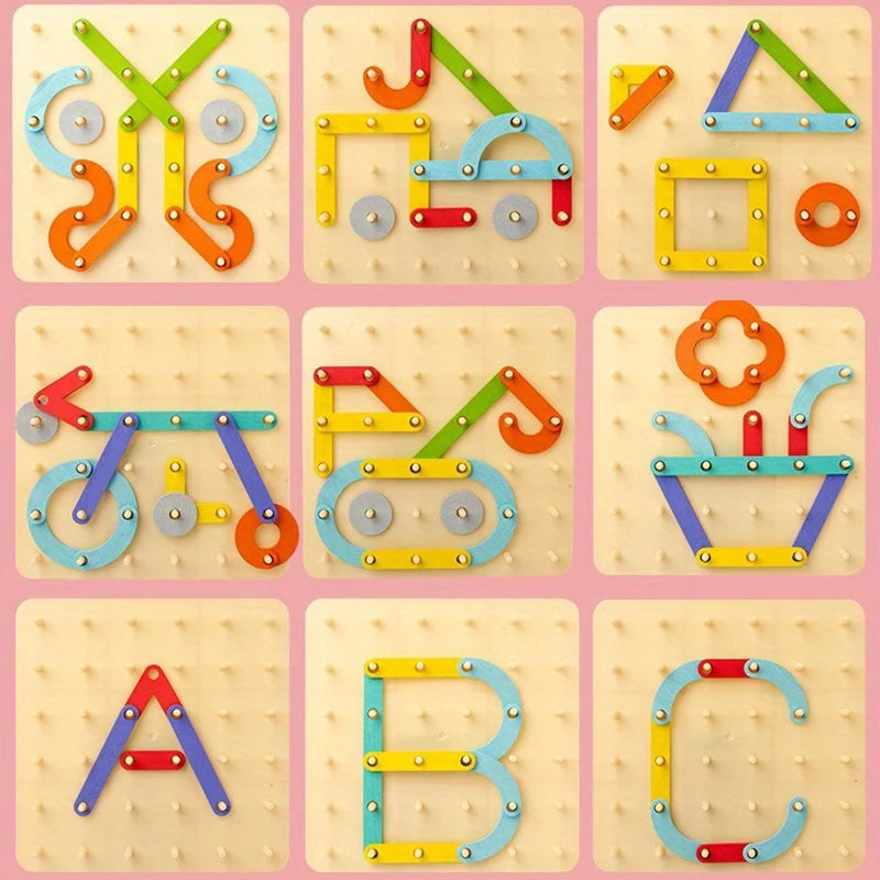 Gioco di Composizione in Legno per Bambini – Tavola con Pioli e Forme Colorate per Creare Figure e Lettere