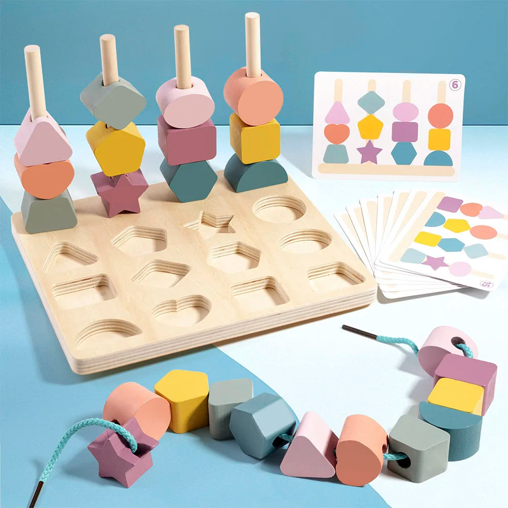 Gioco in Legno Forme e Colori Ispirato al Metodo Montessori con Carte Attività e Perline da Infilare – 3+ Anni